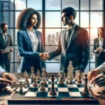Two professionals shaking hands over a chessboard, with a diverse team aligning puzzle pieces in the background